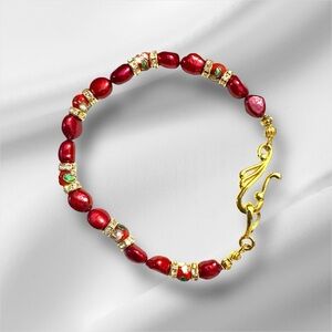 Artisan Red Freshwater Pearl & Cloisonné Bracelet 7.5” with Gold Tone Hook Clasp